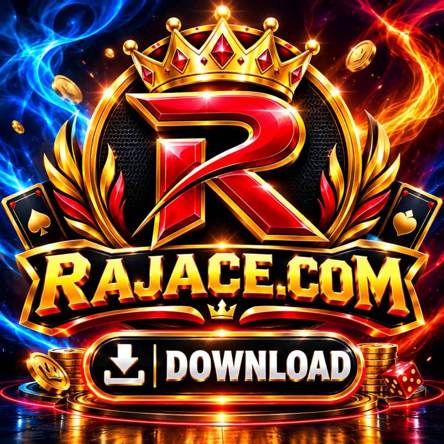 Rajace Game logo with royal crown, red R emblem and download button
