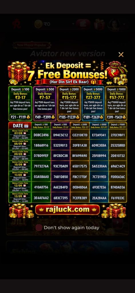 Rajace Game bonus promotion screen showing deposit-based daily bonus offers