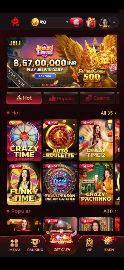 Rajace Game lobby interface showing popular casino games and gaming categories